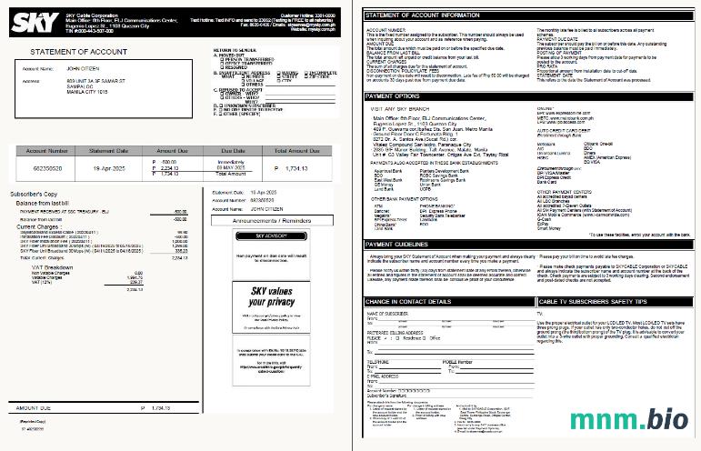 Szablon rachunku za media Filipiny Sky Cable Corporation w formatach Word i PDF, 2 strony, Wersja 2